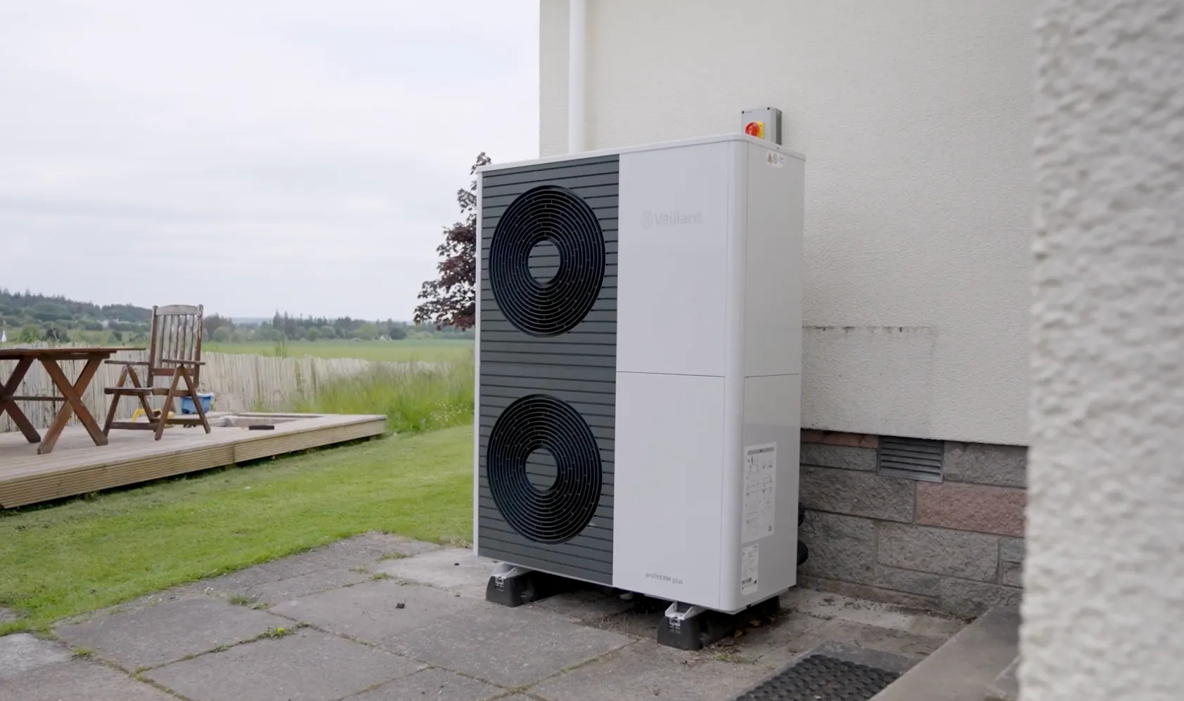 Vaillant Arotherm Plus 12kW air source heat pump unit installed at the side of our Evanton customer's home